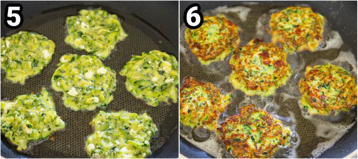 Steps for making zucchini, including frying pancakes in oil in a pan until golden.