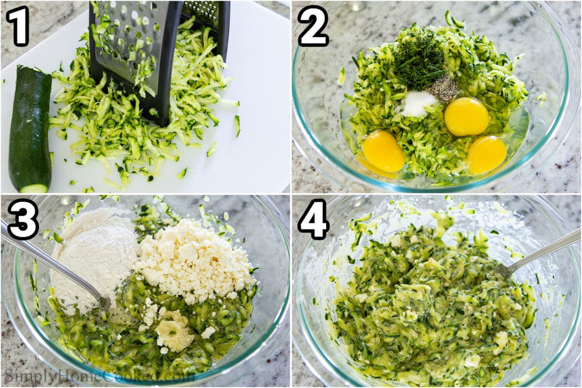 Steps for making zucchini, including dragging the zucchini on a grater box and then mixing the pancake ingredients with a spoon in a bowl.