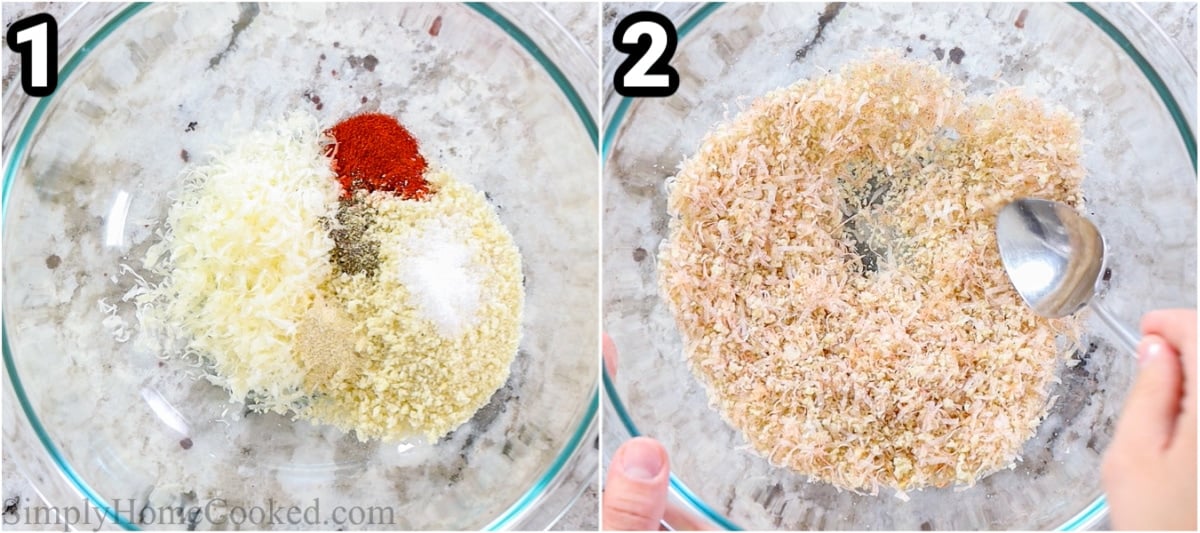 Steps to make Air Fryer Pork Chops:  combining the bread crumbs with Parmesan cheese and seasonings with a spoon in a bowl.