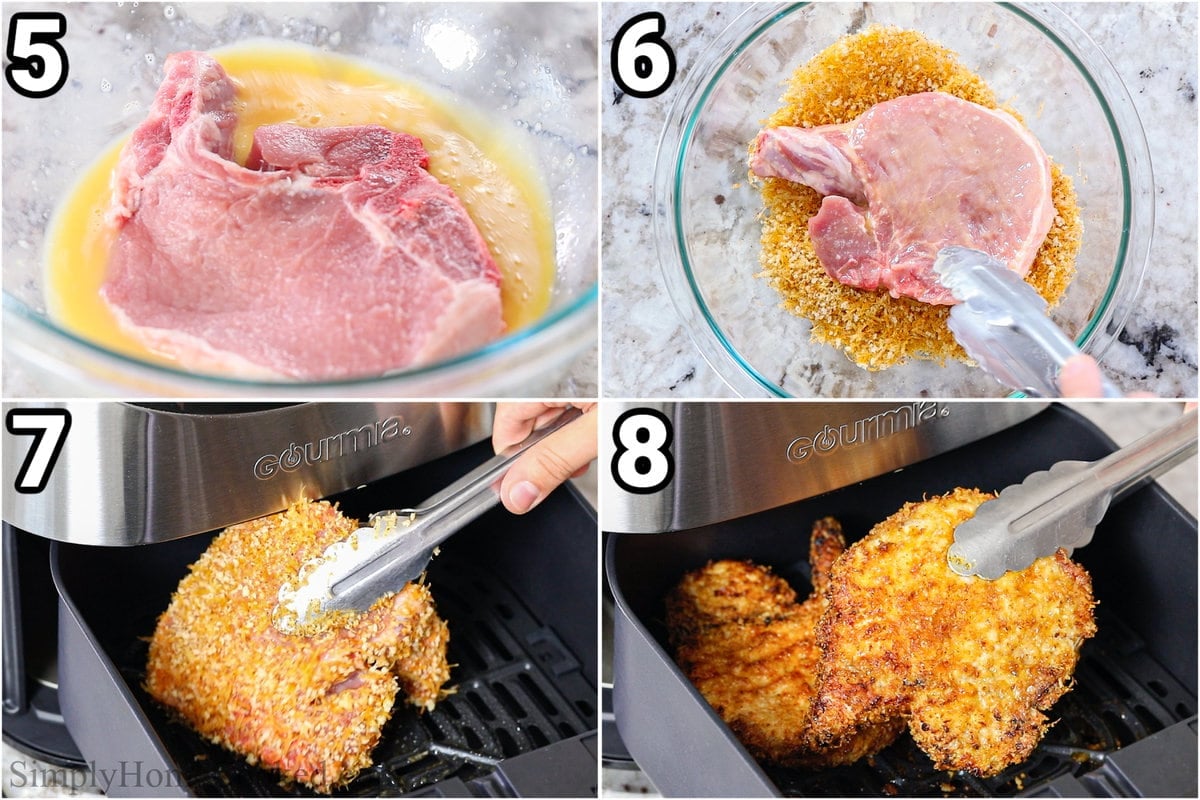 Steps to make Air Fryer Pork Chops: dipping the pork chops in the eggs and then the breading with tongs, then cooking and flipping them  in the air fryer basket.