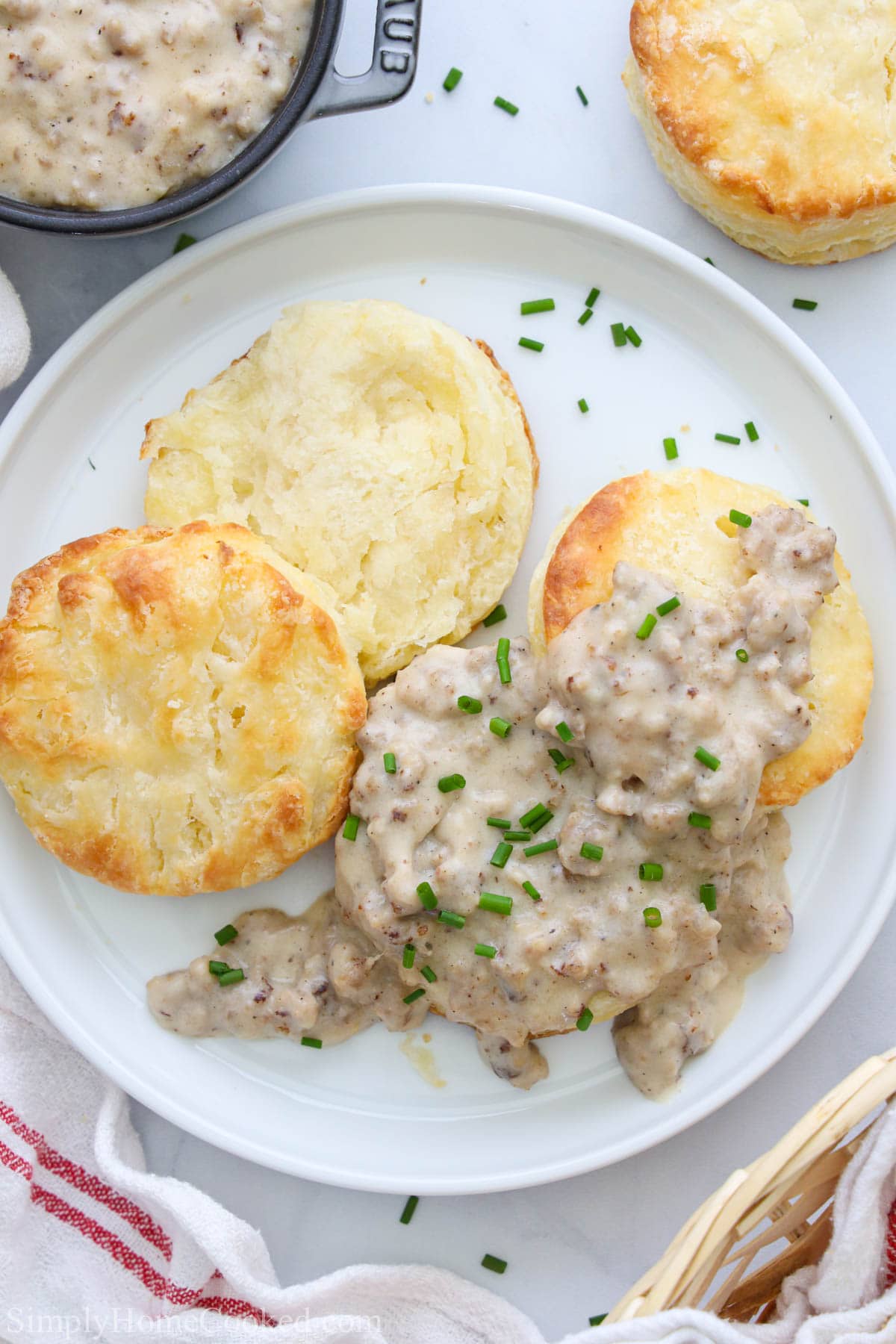 Plate of Biscuits and Sausage Gravy topped with chives