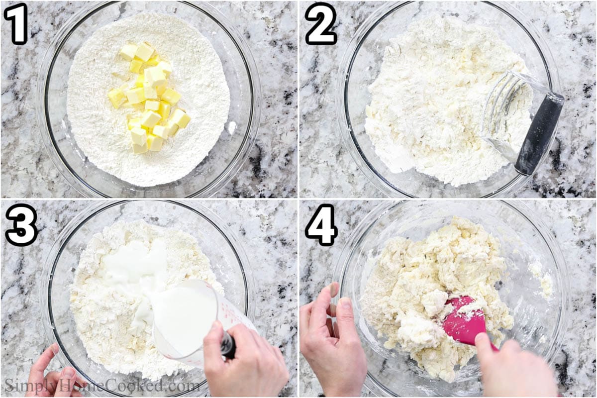 Steps to make Homemade Biscuits and Gravy: make the dough by cutting the butter into the flour with a pastry cutter.