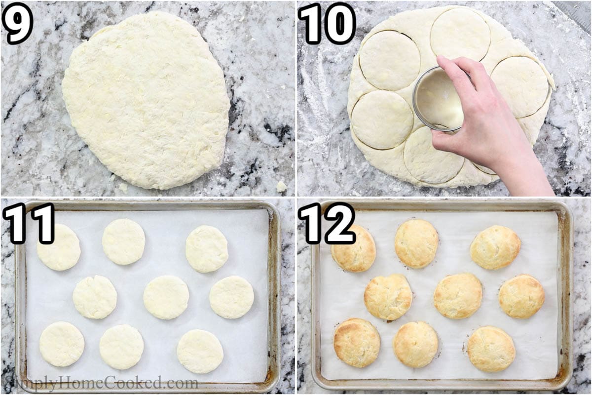 Steps to make Homemade Biscuits and Gravy: roll out the dough and cut out the biscuits before placing on a baking sheet with parchment paper and baking.