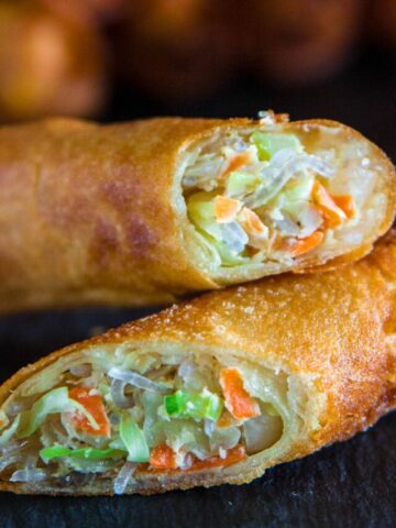 Close up of Fried Spring Rolls cut in half