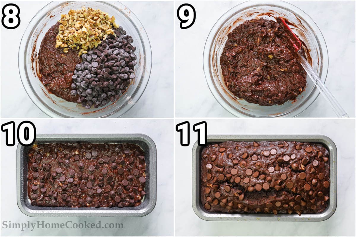 Steps to make Double Chocolate Banana Bread: adding the chocolate chips and walnuts to the bowl and mixing with a spatula, then putting the batter in a loaf pan to bake.