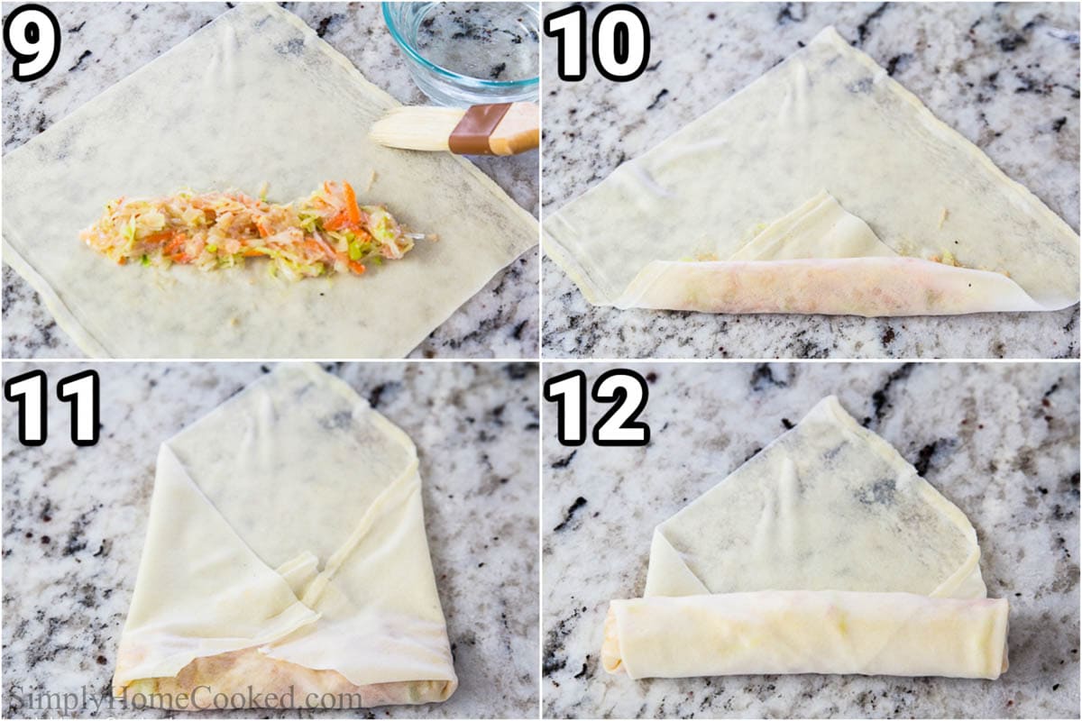 Steps to make Fried Spring Rolls: add filling to the wrapper and roll it up.