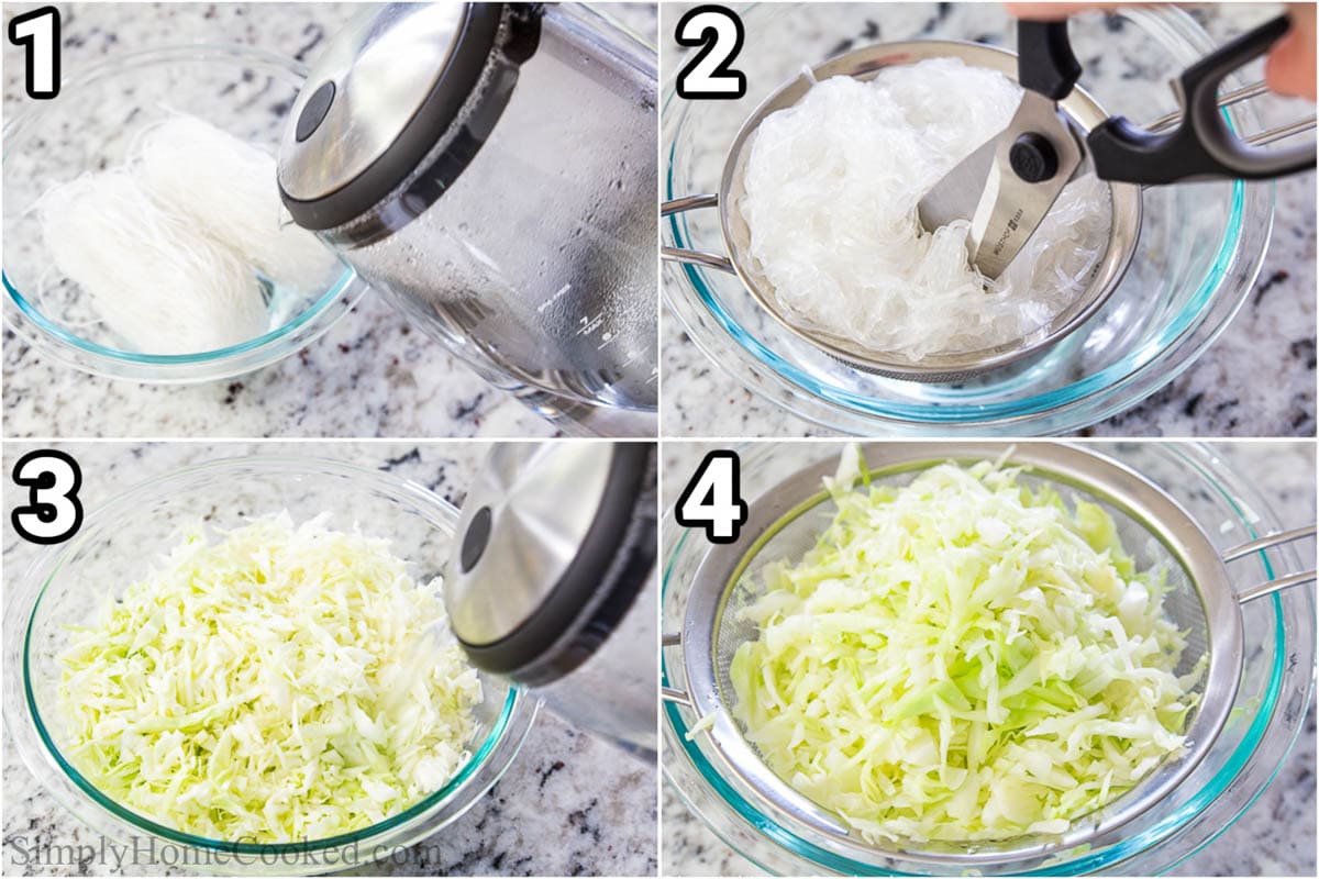 Steps to make Fried Spring Rolls: pour boiling water over bean threads and cabbage, drain water through a sieve, and cut the bean threads with scissors.