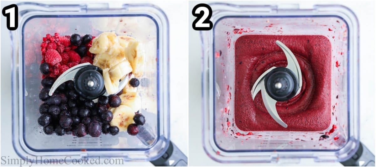 Steps to make Acai Bowl recipe: Add everything to a blender and mix before adding toppings.
