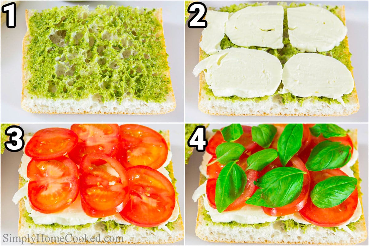 Steps to make Caprese Sandwich: spreading the bail pesto on the bread, then topping it with mozzarella, tomatoes, and basil leaves.