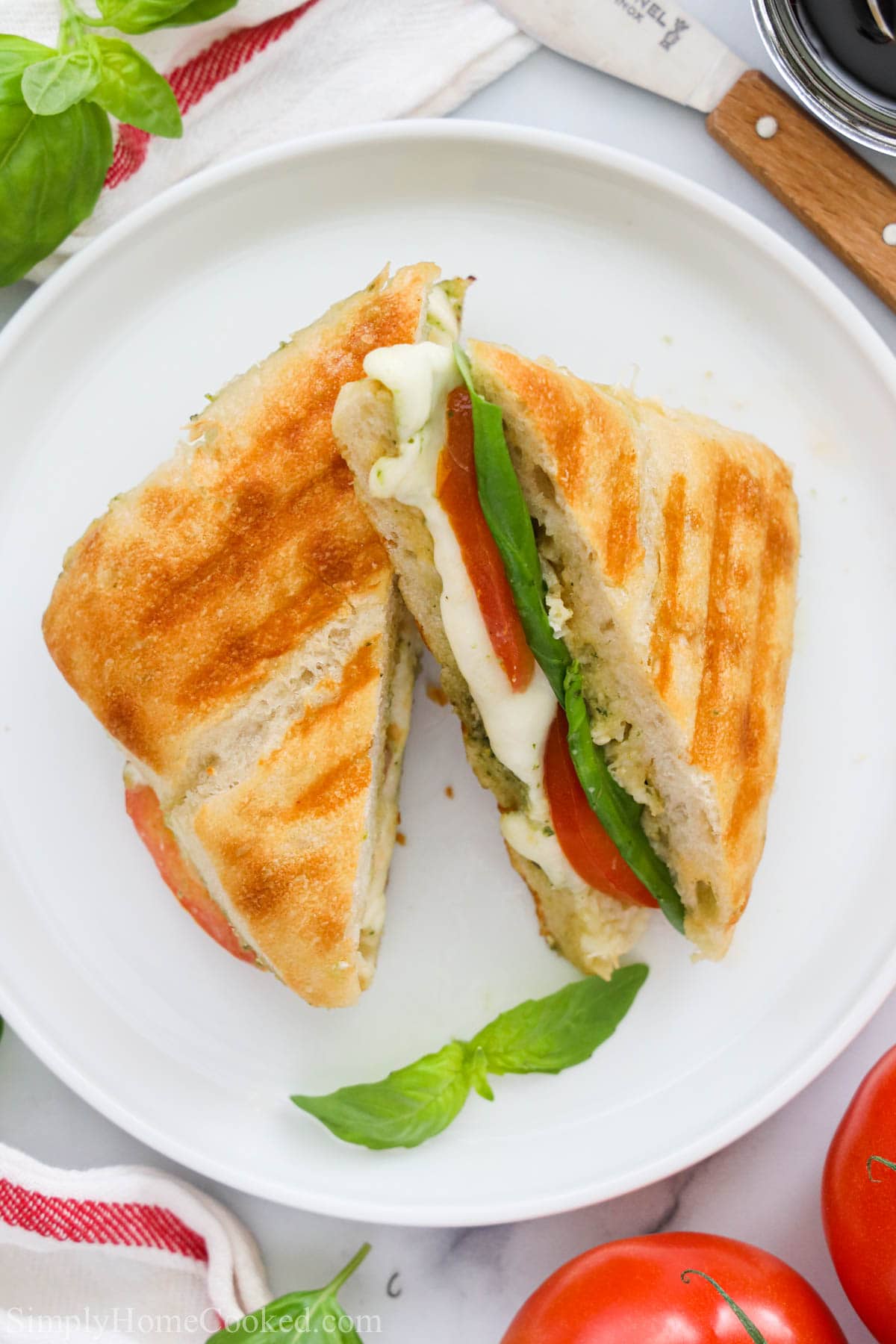 Overhead view of slices of Caprese Sandwich on a white plate with basil.