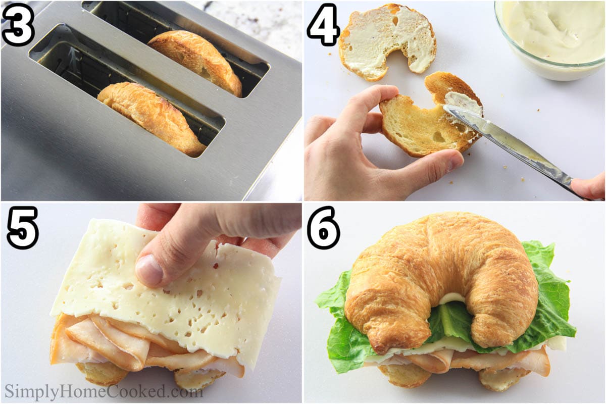 Steps to make Turkey Croissant Sandwich: toast the croissant halves, then add the sauce and assemble the sandwiches.