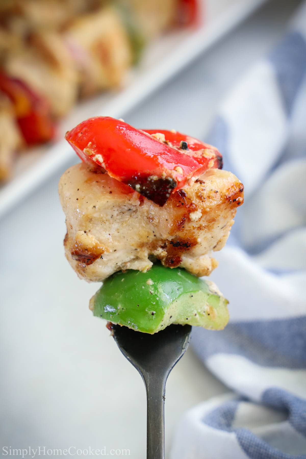 Closeup of grilled chicken and peppers on a fork.