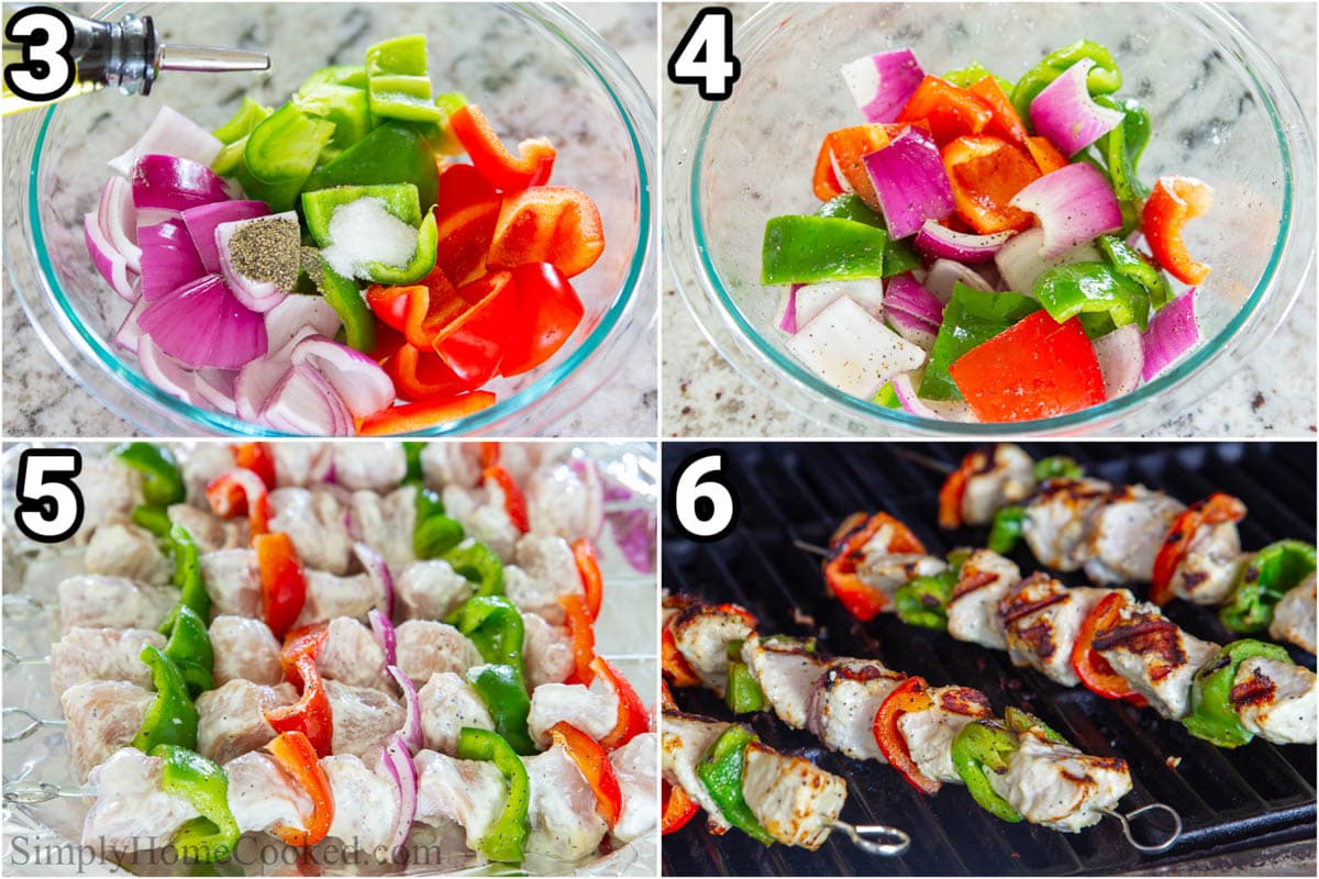 Steps to make Grilled Chicken Kabobs: seasoning the cut vegetables in a small bowl, then skewering the chicken and veggies and grilling.