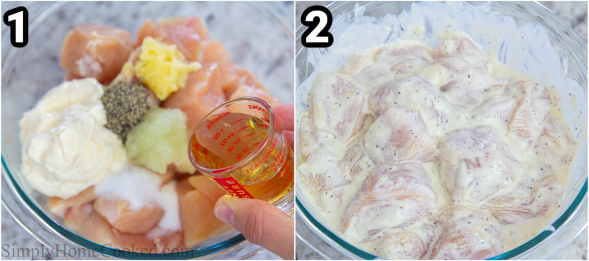 Steps to make Grilled Chicken Kabobs: marinating the chicken in a bowl.