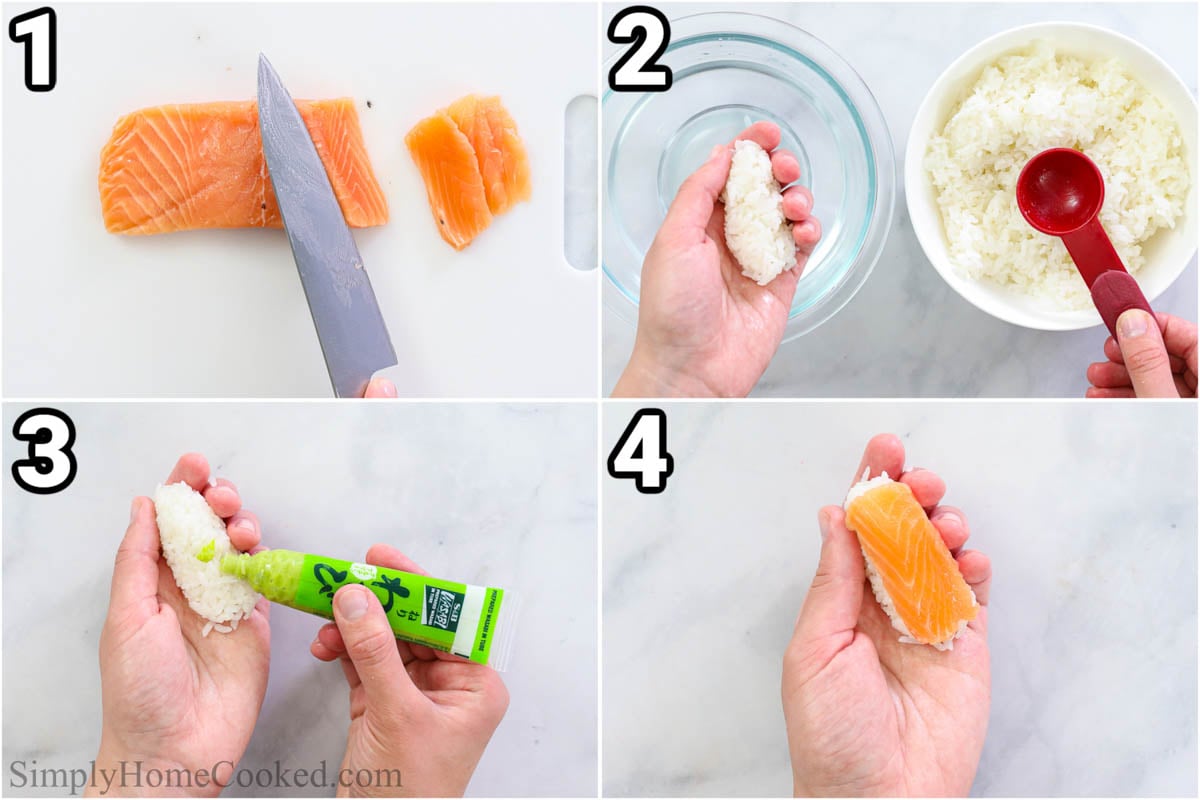 Steps to make Salmon Nigiri: slicing the salmon, forming the sushi rice into ovals, adding wasabi, then placing the salmon slice on top