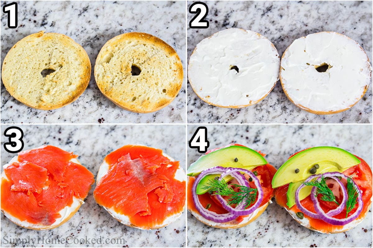 Steps to make Smoked Salmon: toast the bagel, smear it with cream cheese, add the smoked salmon, then add the toppings.