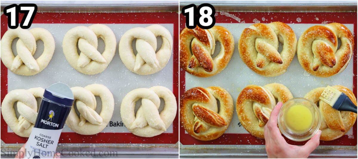 Steps to make Soft Pretzel recipe: salting and buttering the pretzels before baking them.