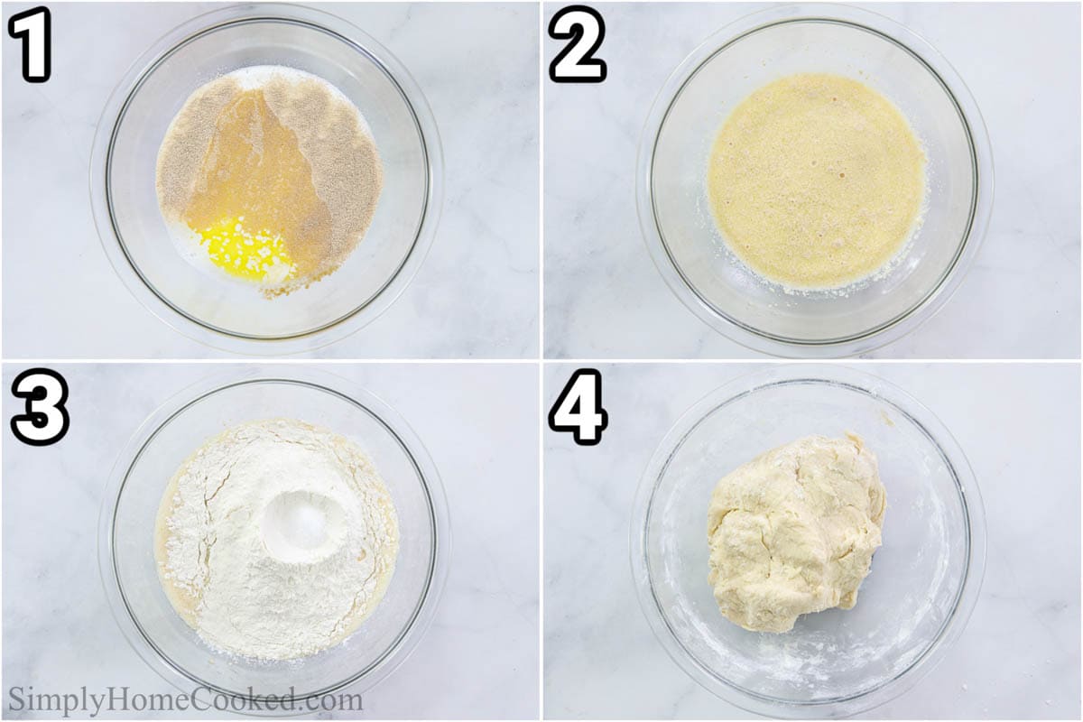 Steps to make Soft Pretzel recipe: frothing the yeast and then forming the dough ball.