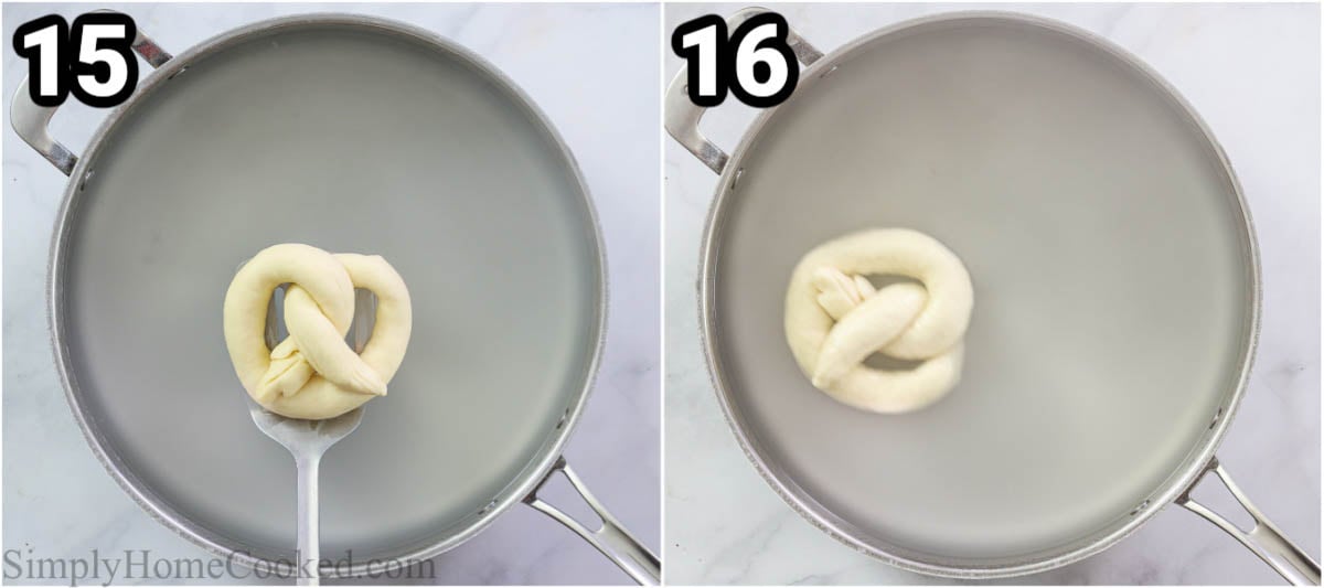 Steps to make Soft Pretzel recipe: boiling the pretzels in the baking soda bath.
