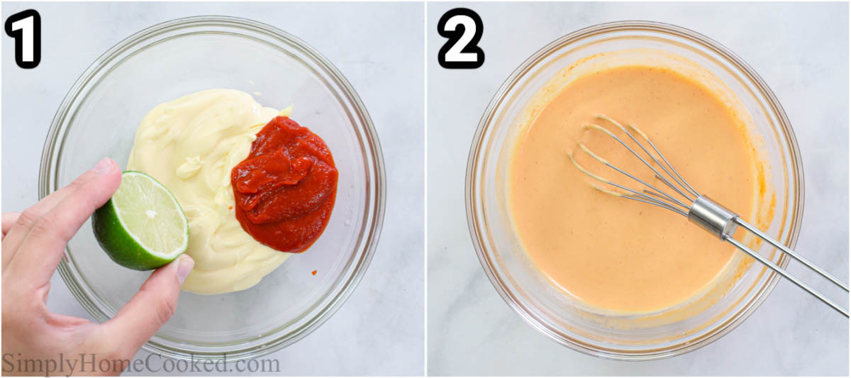 Steps to make Spicy Mayo Recipe: Add the Sriracha, mayo, and lime juice to a bowl and whisk together.
