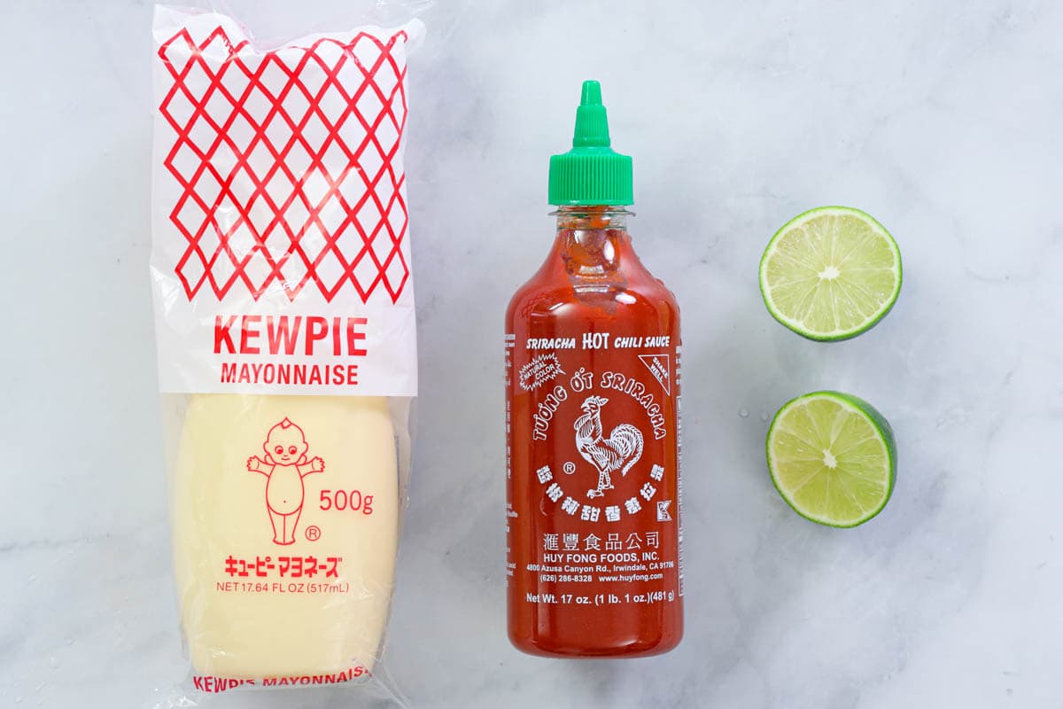 Ingredients for Spicy Mayo Recipe: Sriracha, Japanese Mayo, and Lime