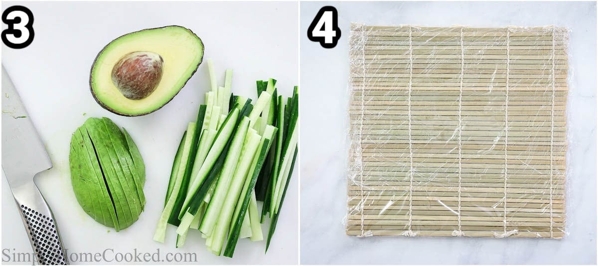 Steps to make Spicy Salmon Roll: cutting the cucumber and avocado into sticks, then wrapping the sushi mat in plastic wrap.