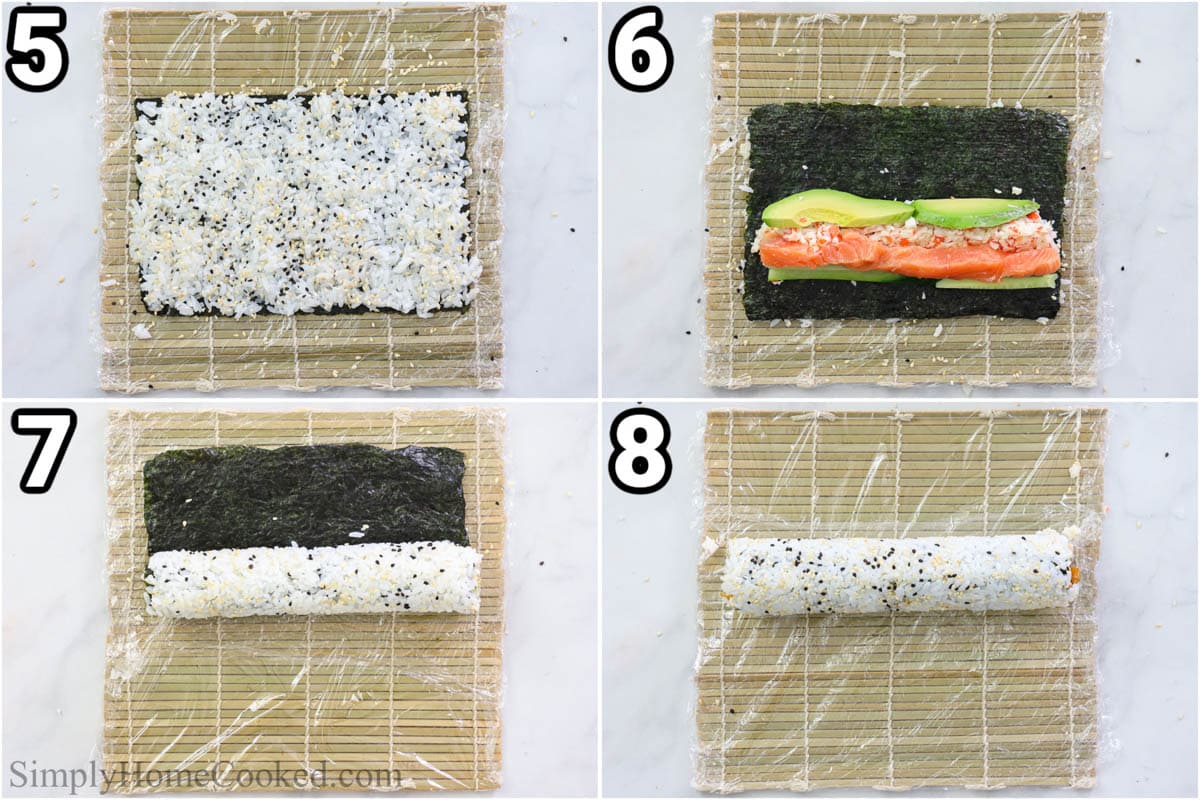 Steps to make Spicy Salmon Roll: put the rice on the nori, add the fillings, and then roll it up using the bamboo sushi mat.