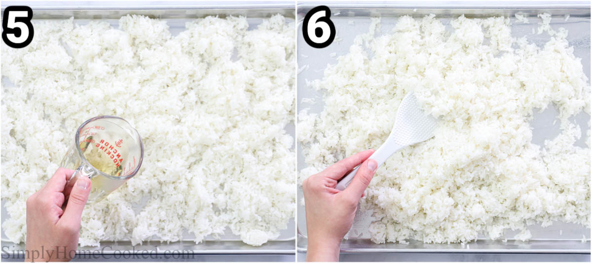 Steps to make this Sushi Rice Recipe: spreading the cooked rice and then mixing with sushi vinegar on a baking sheet, fluffing with a paddle.