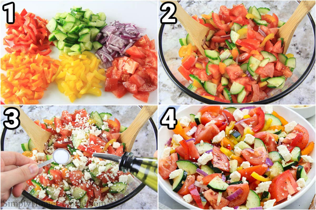 Steps to make Cucumber Tomato Feta Salad: julienne the vegetables, toss them together in a bowl with wooden spoons, then add the dressing and feta cheese, and serve.