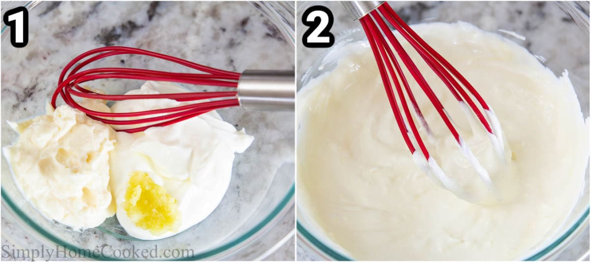 Steps to make Tomato Garlic Salad: whisk the mayo, sour cream, and pressed garlic together in a small bowl.