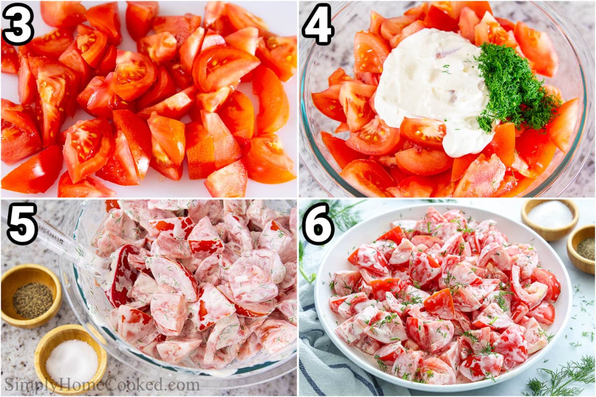 Steps to make Tomato Garlic Salad: chop the tomatoes, mix them with the dressing and herbs, then season, mix, and serve. 