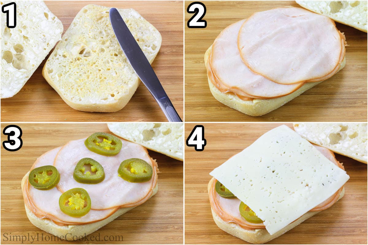 Steps to make turkey pearls: spread spices on bread, add turkey, then jalapeños and cheese.