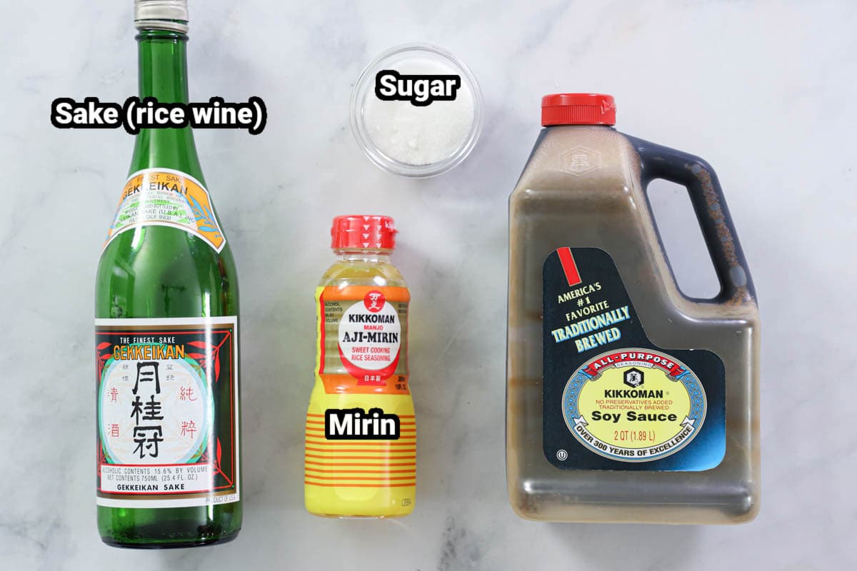 Ingredients for Unagi Sauce: sake, soy sauce, Mirin, and sugar