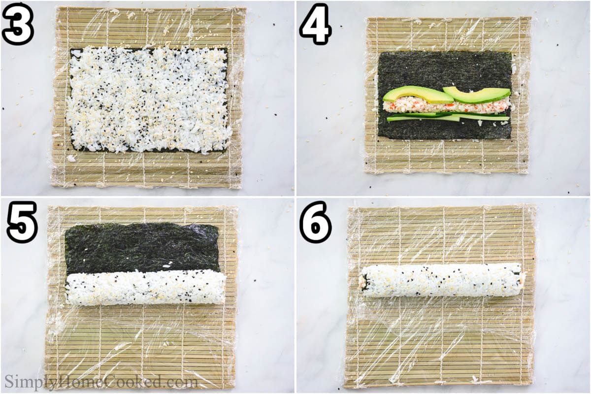 Steps to make Volcano Roll: rolling out the sushi on a bamboo sushi mat.