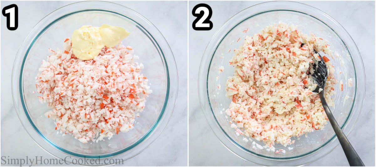 Steps to make Volcano Roll:  mixing the crab with the Japanese mayo in a bowl with a spoon.