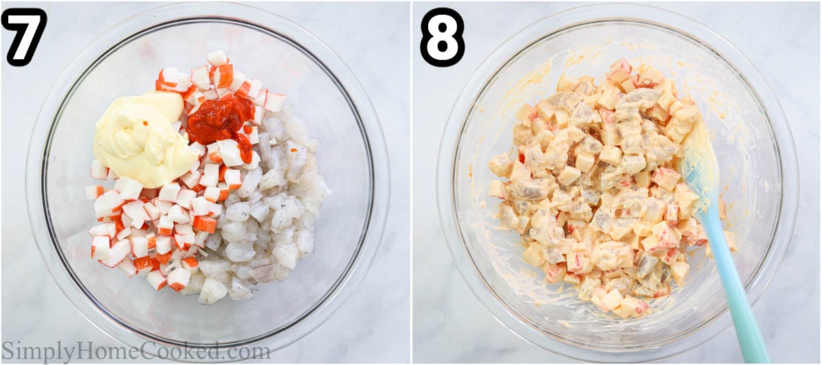 Steps to make Volcano Roll: mixing the crab, shrimp, and spicy mayo in a bowl with a spatula.