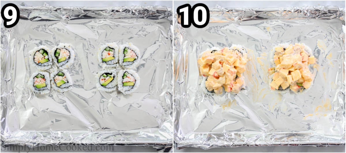 Steps to make Volcano Roll:  slicing the sushi and baking it on a foil-lined pan with toppings.