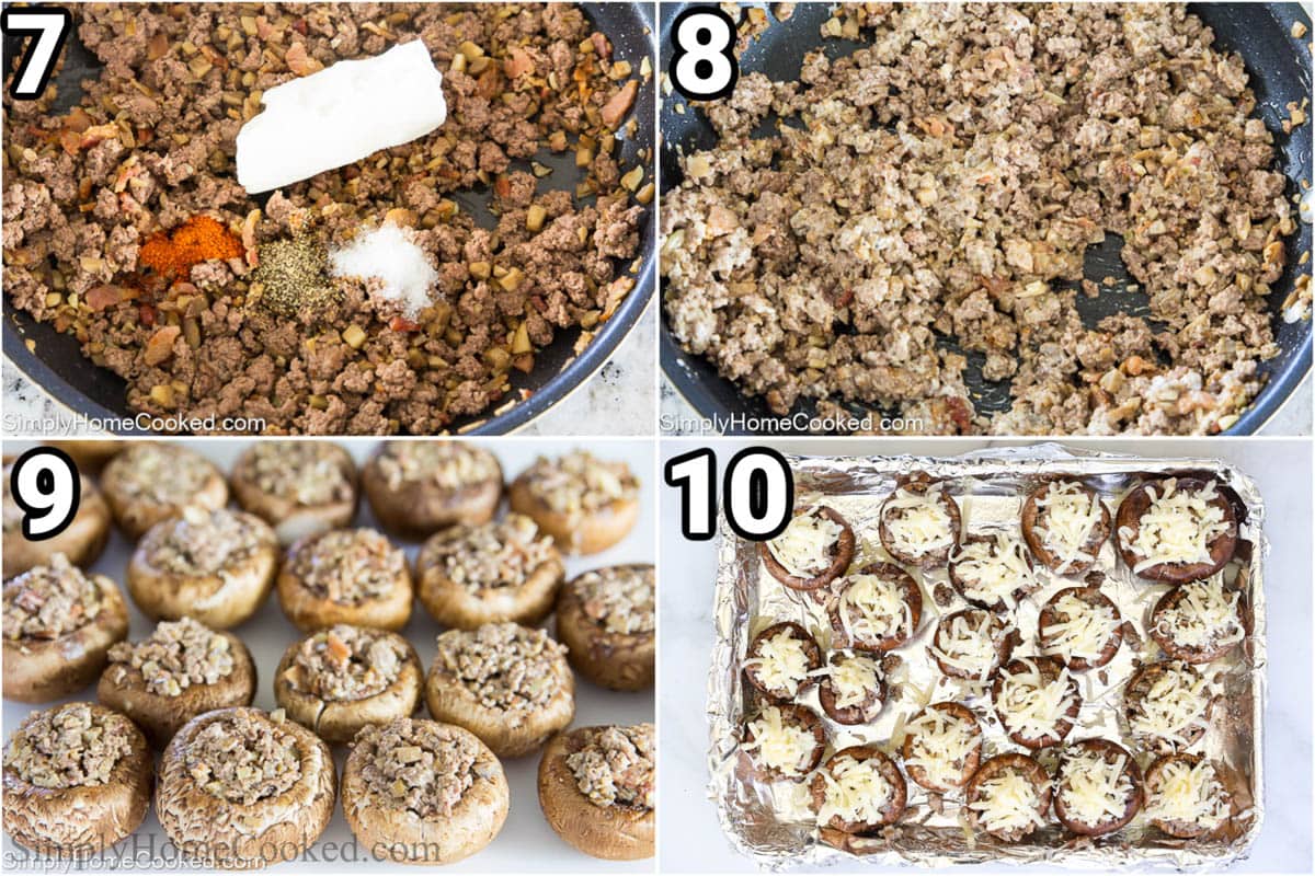 Steps to make Keto Stuffed Mushrooms: add the seasoning ad cream cheese, then stir and stuff the mushrooms before baking with cheese on top.