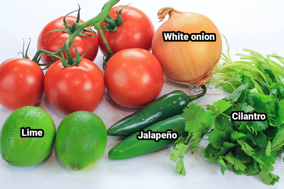 Ingredients for Pico de Gallo: onion, cilantro, tomatoes, limes, and jalapenos.