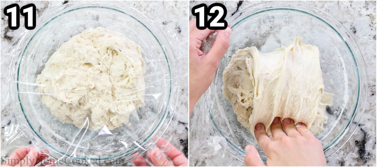 Steps to make Sourdough Bread: let the dough rise in a bowl, then fold it over with your hands.