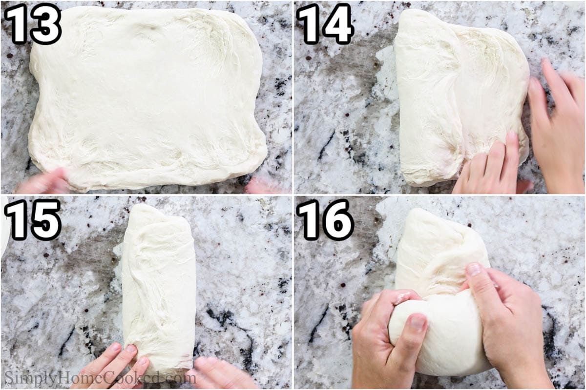 Steps to make Sourdough Bread: fold the bread dough over and over to knead.