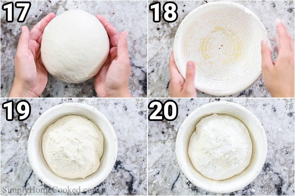 Steps to make Sourdough Bread: roll the dough into a ball and let it rise in a bowl.
