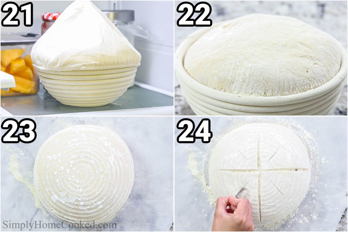 Steps to make Sourdough Bread: take the dough out of the proofing bowl and score it with a blade.