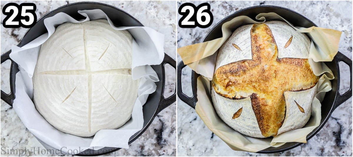 Steps to make Sourdough Bread: bake the loaf in a parchment lined Dutch oven.