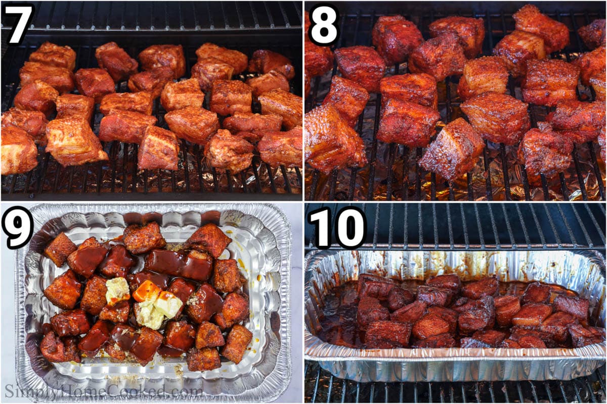 Steps to make Pork Belly Burnt Ends: smoke the pork pieces, then combine them with barbecue sauce, and smoke again.