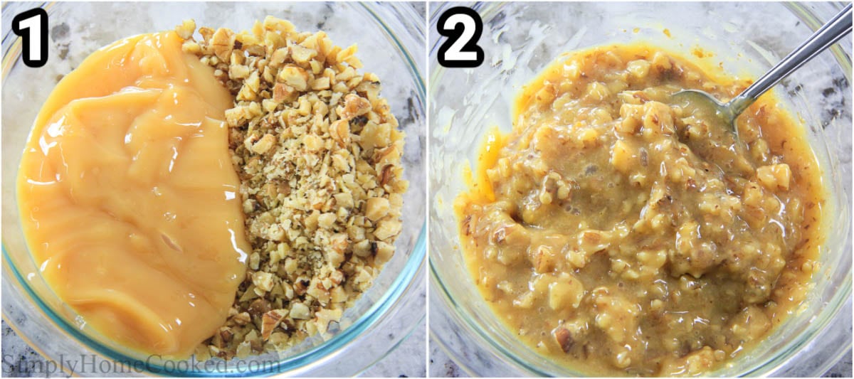 Steps to make Baked Apples: combine dulce de leche and walnuts in a bowl with a spoon. 