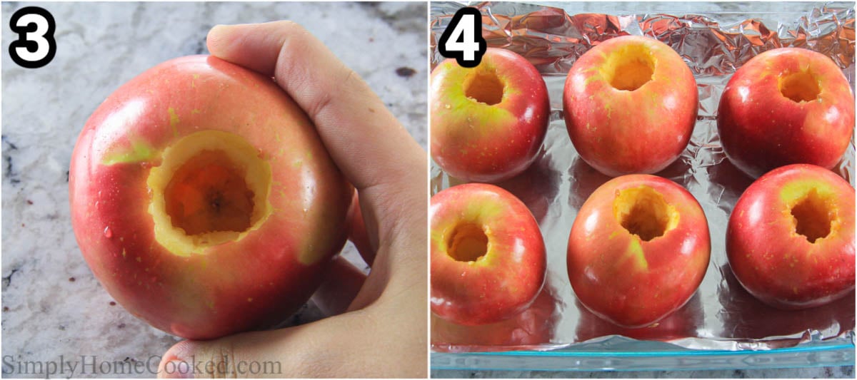 Steps to make Baked Apples:  core the apples and place them on a foil covered baking dish.