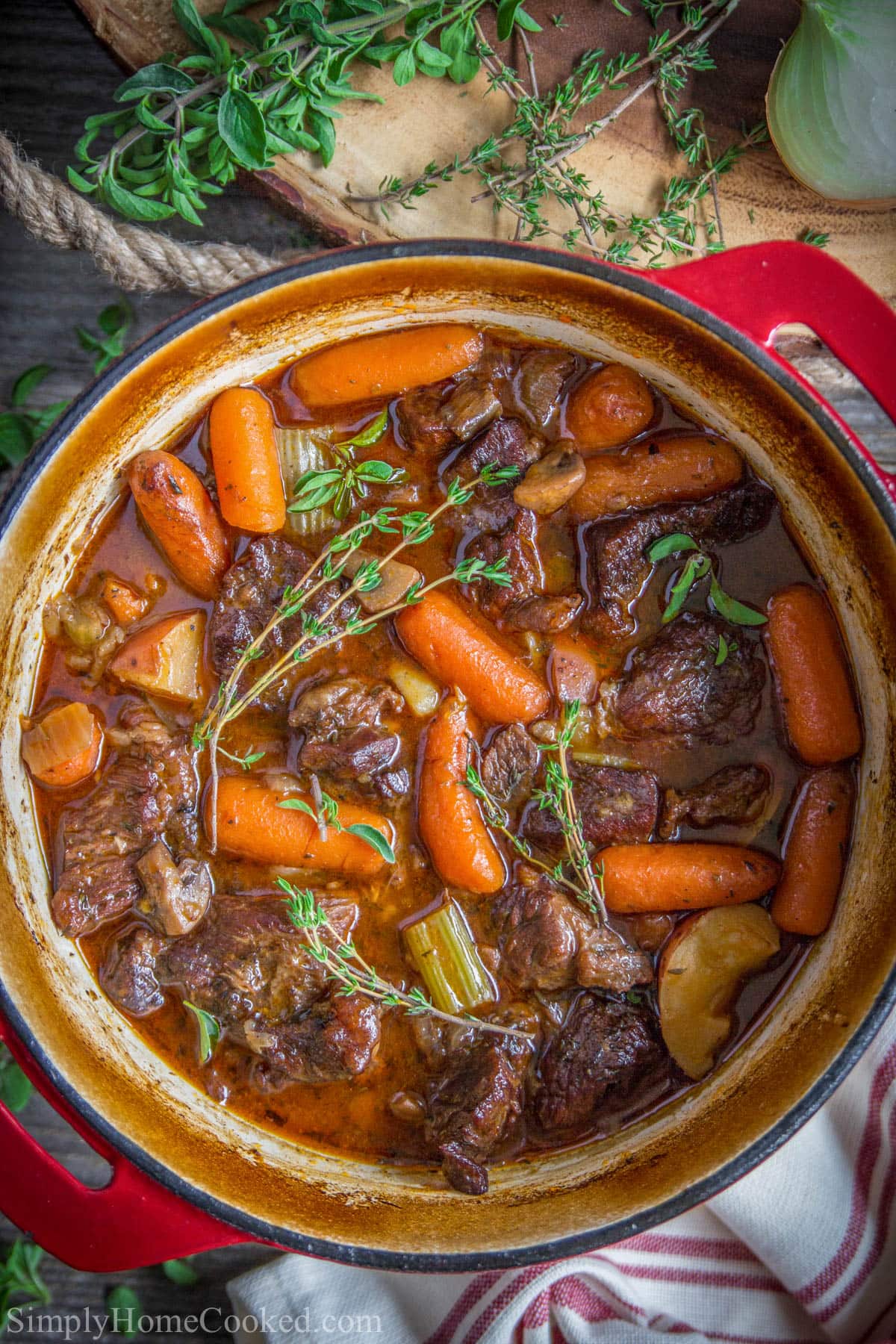 Overhead view of a pot of Beef Stew.