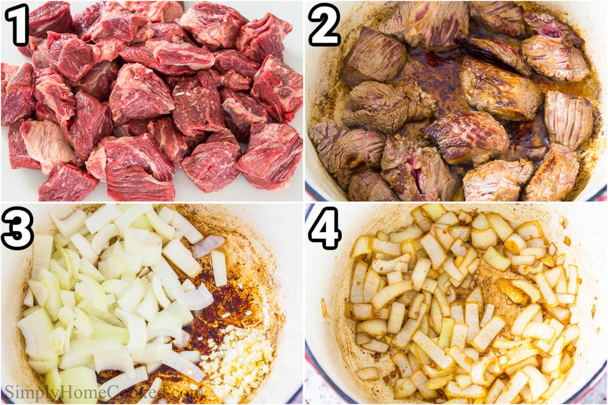 خطوات تحضير مرق اللحم البقري: شوي اللحم في مقلاة ، ثم أضيفي البصل والثوم إلى القدر ليطهى حتى يصبح شفافًا.