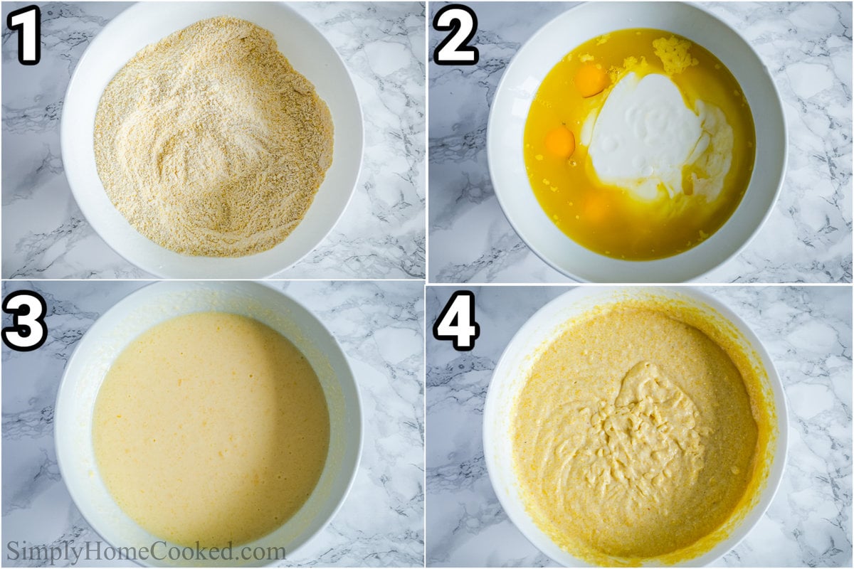 Steps to make Buttermilk Cornbread: combine the dry ingredients, wet ingredients, and then mix them together in a bowl.